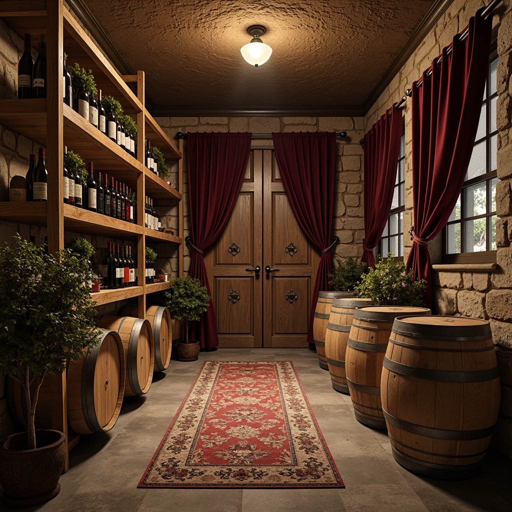 Prompt: Rustic wine cellar, distressed wood shelves, vintage metal racks, earthy stone walls, soft warm lighting, intimate atmosphere, ornate wooden doors, antique hardware, rich velvet drapes, plush area rugs, ornamental wine barrels, decorative grapevine motifs, natural wood accents, subtle aging effects, 1/1 composition, shallow depth of field, realistic textures, ambient occlusion.