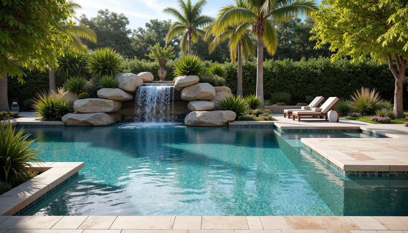 Prompt: Luxurious poolside, travertine coping, glass tile waterline, iridescent mosaic accents, sleek concrete deck, natural stone waterfall, tropical foliage, palm trees, warm sunny day, soft focus, shallow depth of field, 1/2 composition, vibrant turquoise water, rippled surface, realistic rock formations, ambient occlusion.