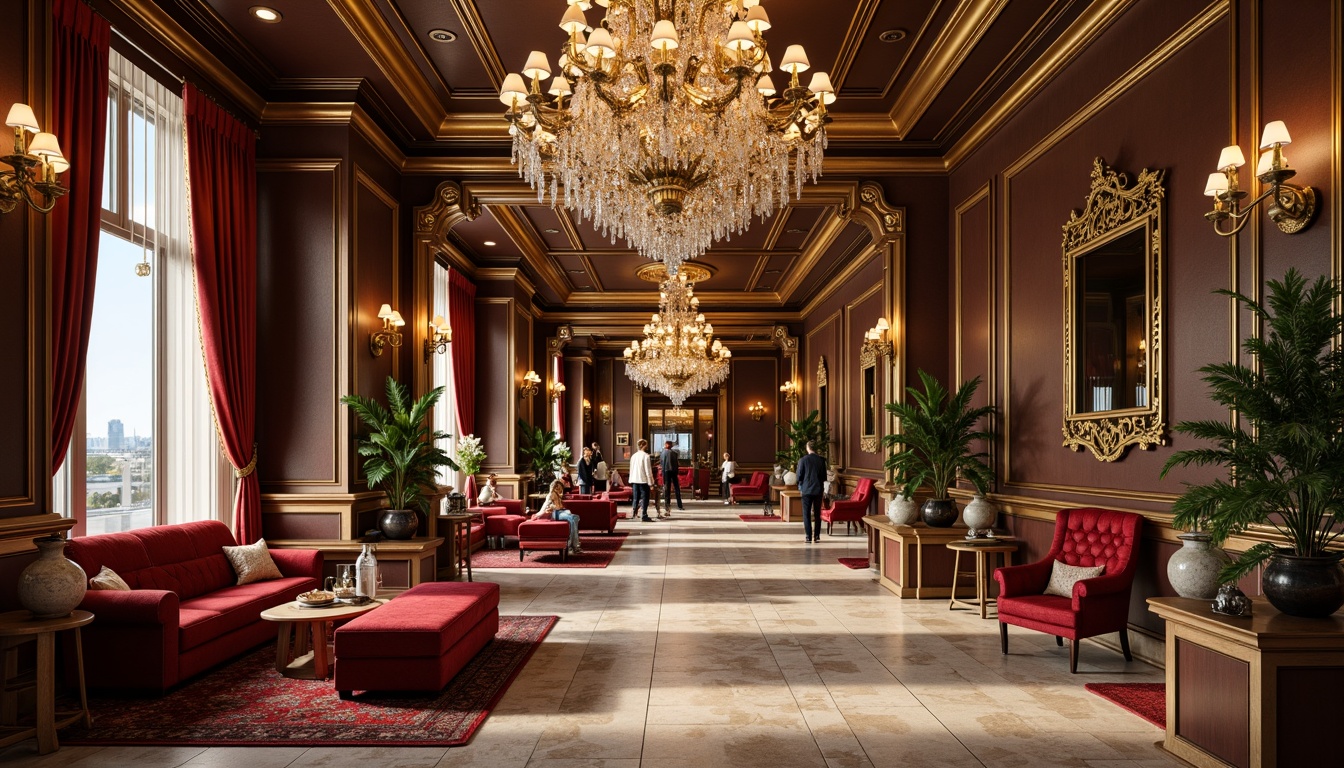 Prompt: Rich airport lounge, opulent Baroque furnishings, velvety dark reds, luxurious golden accents, creamy whites, ornate metal details, intricate carvings, grandiose chandeliers, lavish textiles, sophisticated neutral tones, soft warm lighting, ambient shadows, 1/2 composition, realistic reflections, high-contrast colors, dramatic architectural features.