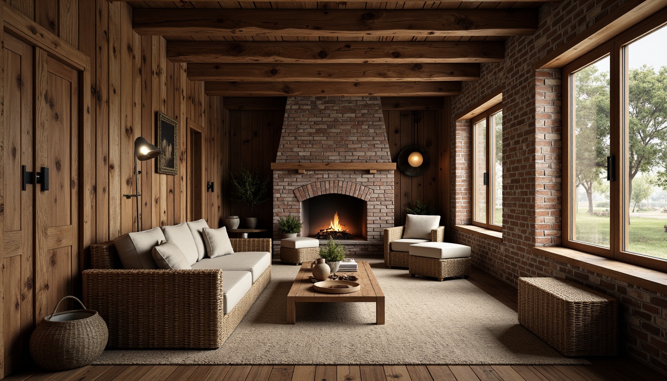 Prompt: Rustic cabin interior, reclaimed wood planks, distressed wooden beams, earthy color palette, natural stone walls, rugged brick textures, vintage metal accents, cozy fireplace, woven rattan furniture, plush area rugs, warm ambient lighting, shallow depth of field, 1/2 composition, realistic renderings, soft focus blur.