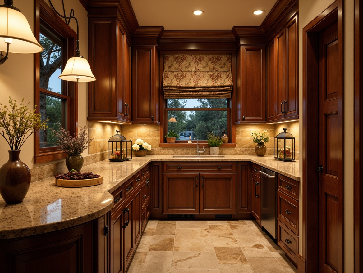 Prompt: Warm traditional pantry, rich wood tones, ornate cabinetry, soft warm lighting, pendant lamps, under-cabinet lighting, ambient glow, classic lanterns, rustic metal fixtures, warm beige walls, decorative tile backsplashes, elegant crown molding, refined hardware, subtle color palette, cozy inviting atmosphere, 1/1 composition, natural textures, realistic reflections.