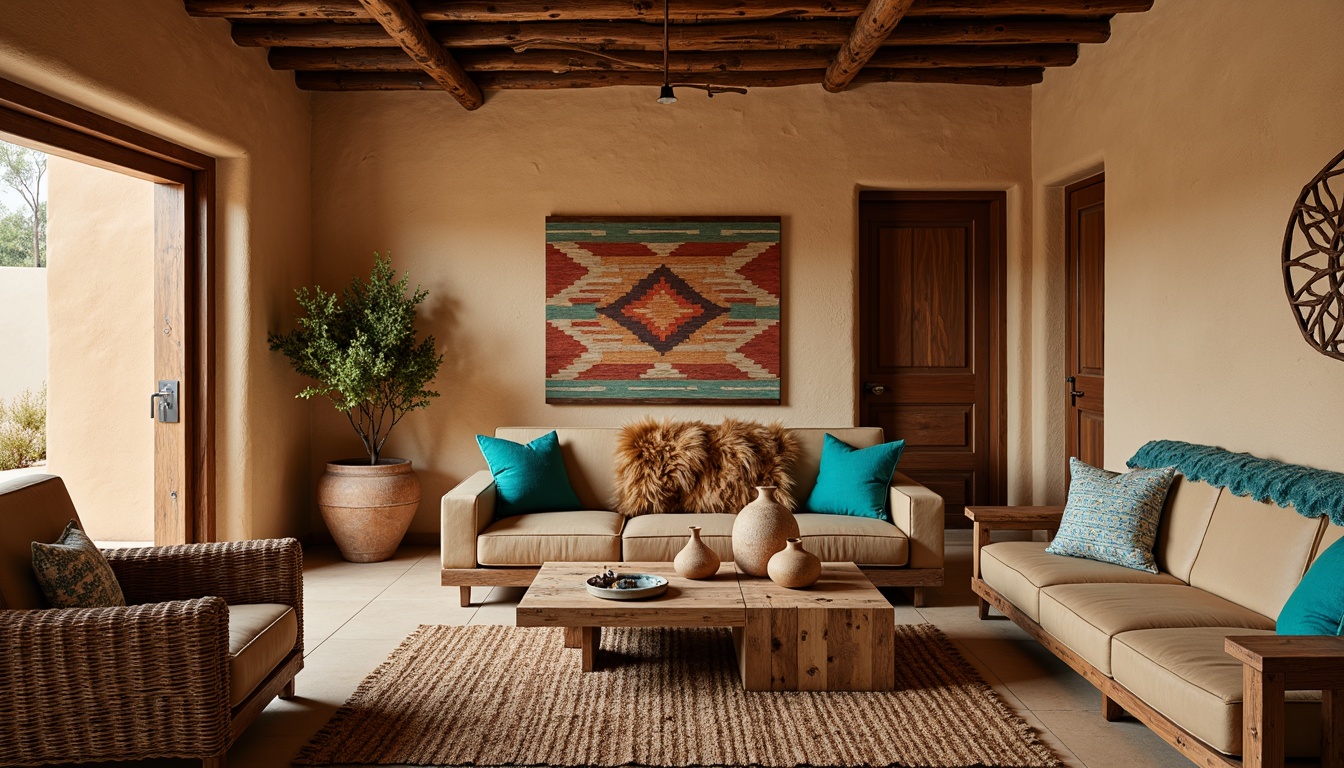 Prompt: Rustic wooden furniture, vibrant turquoise accents, woven wicker patterns, desert-inspired textiles, earthy terracotta tones, geometric Navajo prints, plush faux fur throws, chunky clay pottery vases, reclaimed wood coffee tables, distressed leather armchairs, natural fiber rugs, adobe-style architecture, warm golden lighting, soft focus, shallow depth of field, 2/3 composition, cozy intimate atmosphere.