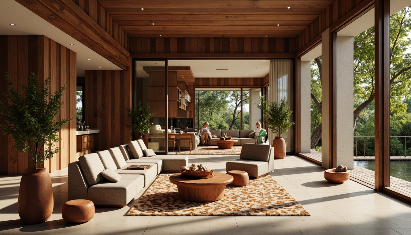 Prompt: Warm walnut wood panels, sleek metal accents, plush velvet upholstery, natural woven fibers, terracotta planters, geometric patterned rugs, organic shaped furniture, earthy tone color palette, abundant greenery, large windows, sliding glass doors, open floor plans, minimalist decor, subtle texture contrasts, warm ambient lighting, shallow depth of field, 1/1 composition, realistic renderings.