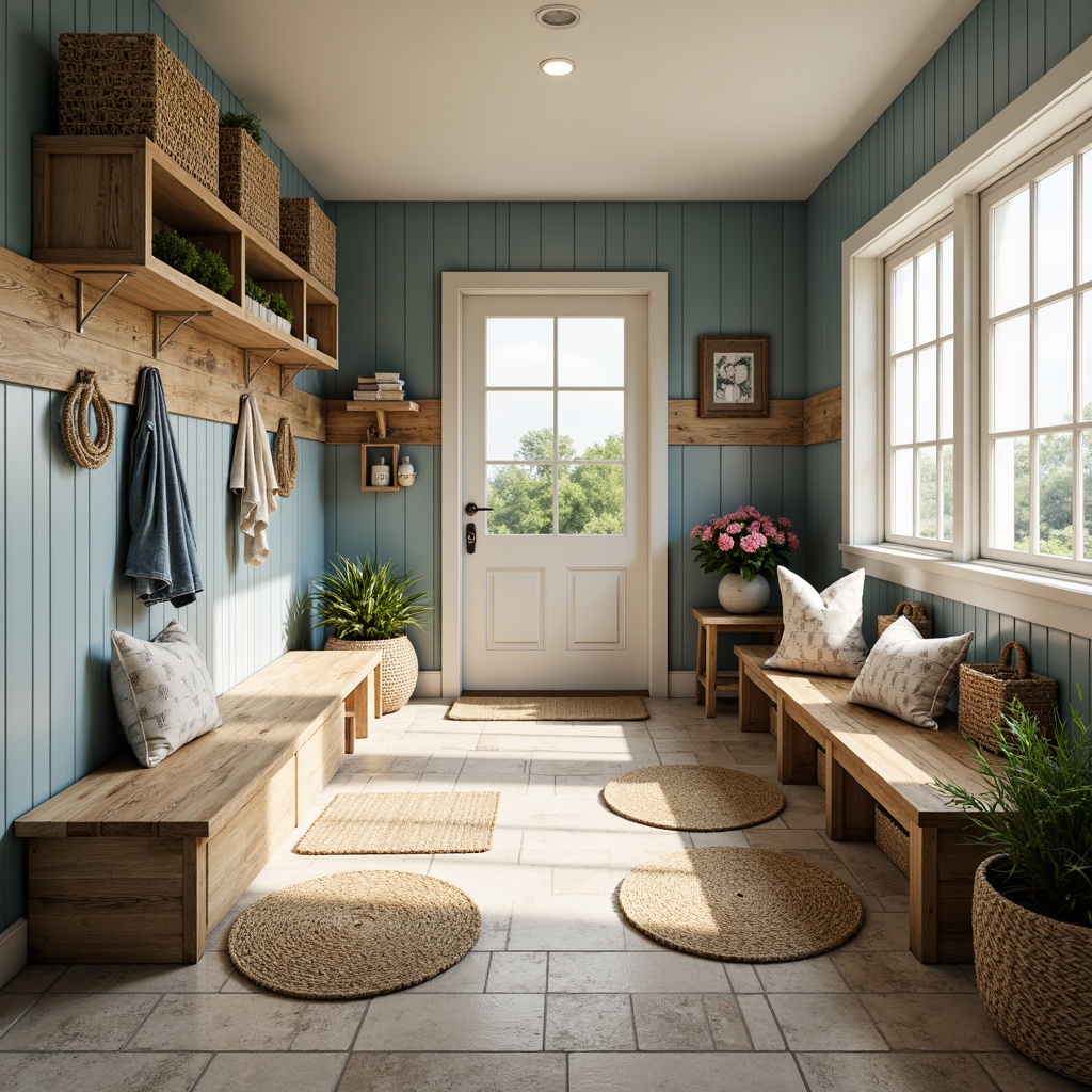 Prompt: Coastal-style mudroom, natural stone flooring, weathered wood accents, nautical rope details, woven sea grass mats, driftwood-inspired shelves, ocean-blue painted walls, sandy beige tones, shell-patterned tiles, distressed wooden benches, fishing net-inspired storage baskets, coral-colored throw pillows, woven jute rugs, sunny day lighting, soft warm glow, shallow depth of field, 3/4 composition, panoramic view, realistic textures, ambient occlusion.