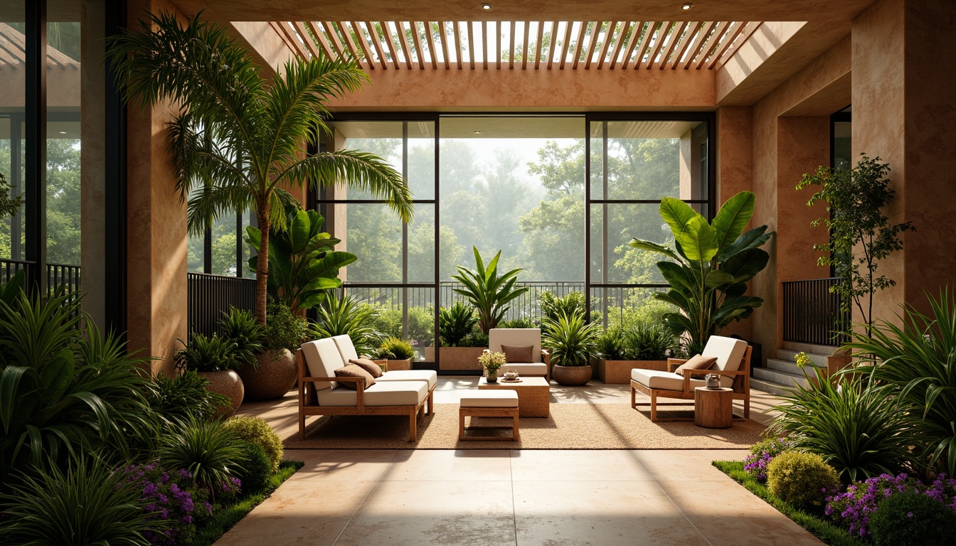 Prompt: Lush tropical plants, warm natural lighting, misty atmosphere, exotic flowers, wooden trellis, rattan furniture, vibrant greenery, earthy tone walls, large glass windows, sliding glass doors, metal frames, modern minimalist design, organic shapes, soft shadows, warm color palette, high ceiling, airy space, gentle breeze, subtle texture, realistic reflections, shallow depth of field, 1/1 composition, panoramic view.