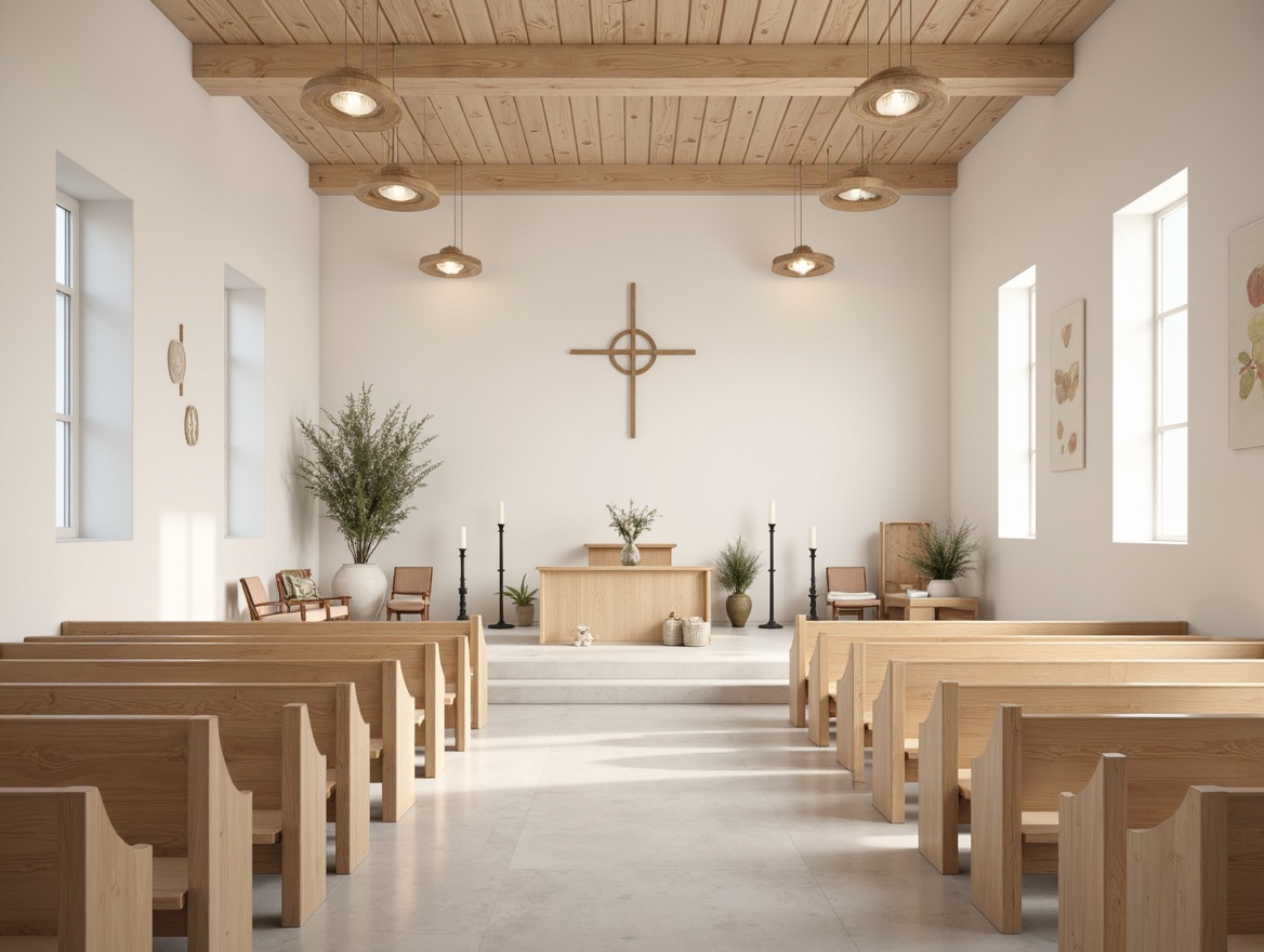 Prompt: Minimalist church interior, light-colored wooden pews, simple altar design, functional furniture pieces, Scandinavian-inspired decor, natural textiles, woven baskets, candlelight, soft warm glow, subtle shadows, 1/1 composition, realistic wood textures, ambient occlusion, Nordic-style crosses, understated chandeliers, pale color palette, simplicity-driven design, clean lines, minimal ornamentation.