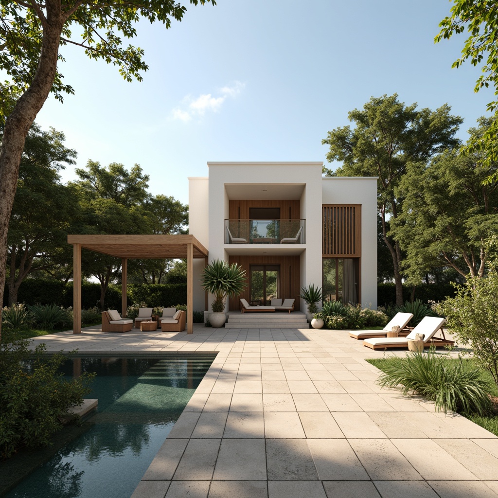 Prompt: Minimalist villa, open floor plan, high ceilings, large windows, sliding glass doors, natural stone floors, wooden accents, modern furnishings, lush greenery, tropical plants, private courtyard, outdoor seating area, shaded pergola, infinity pool, sun loungers, warm sunny day, soft warm lighting, shallow depth of field, 3/4 composition, panoramic view, realistic textures, ambient occlusion.