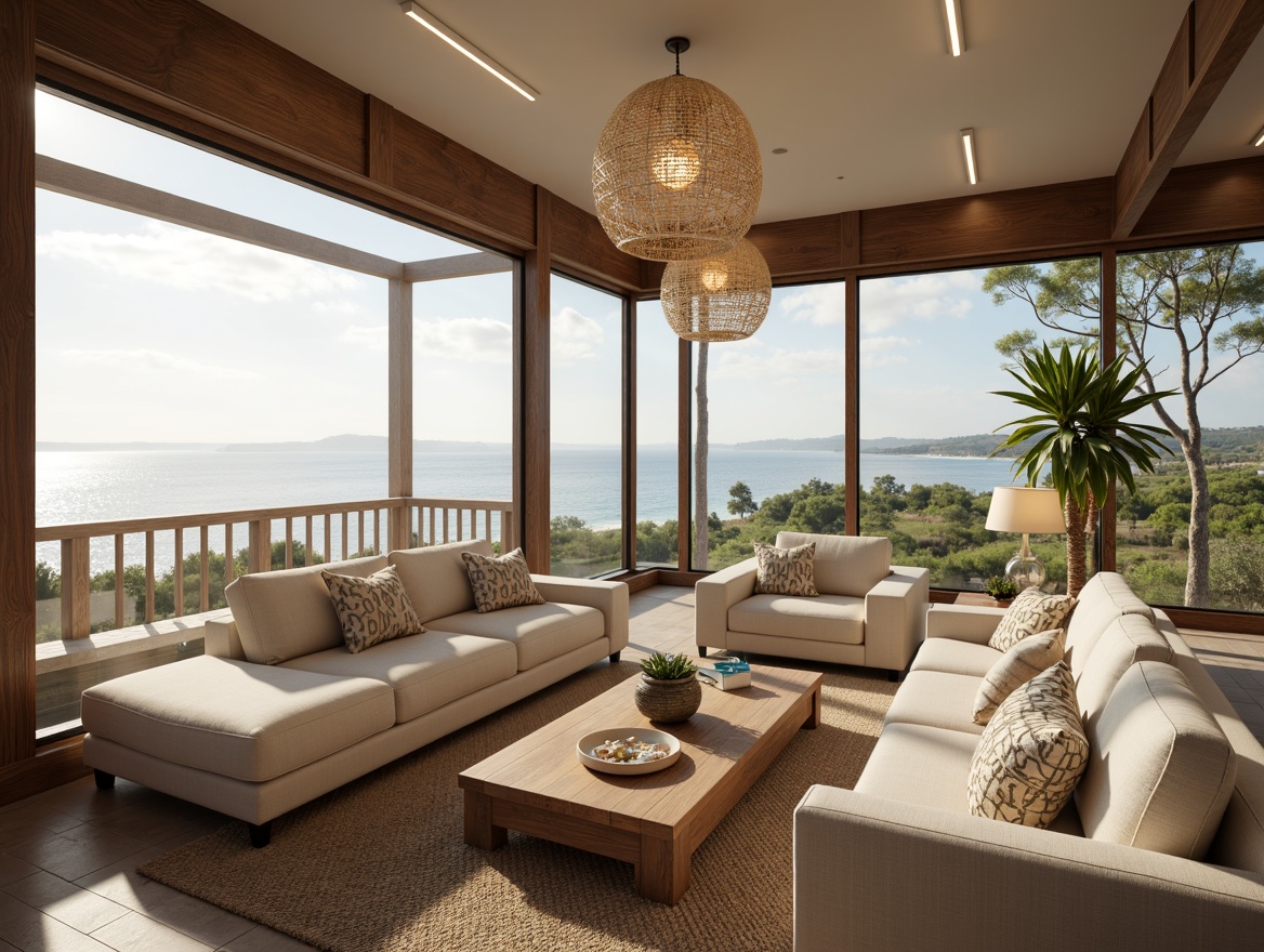 Prompt: Coastal living room, large windows, ocean views, natural light pouring in, soft warm glow, table lamps, floor lamps, pendant lights, recessed lighting, LED strips, warm white tone, 2700K-3000K color temperature, layered lighting, ambient illumination, task lighting, accent lighting, frosted glass shades, linen-textured lampshades, driftwood-inspired chandeliers, woven rattan fixtures, ocean-breeze inspired fabrics, beachy vibes, sunny day, shallow depth of field, 2/3 composition, warm and inviting atmosphere.