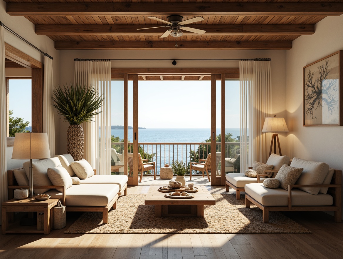 Prompt: Coastal style interior, soft warm lighting, natural textures, woven fibers, driftwood accents, ocean-inspired color palette, calming ambiance, beachy vibes, seaside views, large windows, sliding glass doors, sheer curtains, table lamps, floor lamps, pendant lights, rustic metal fixtures, nautical-themed decor, coral patterns, shells, pebbles, ocean breeze, sunny day, shallow depth of field, 3/4 composition, panoramic view, realistic textures, ambient occlusion.