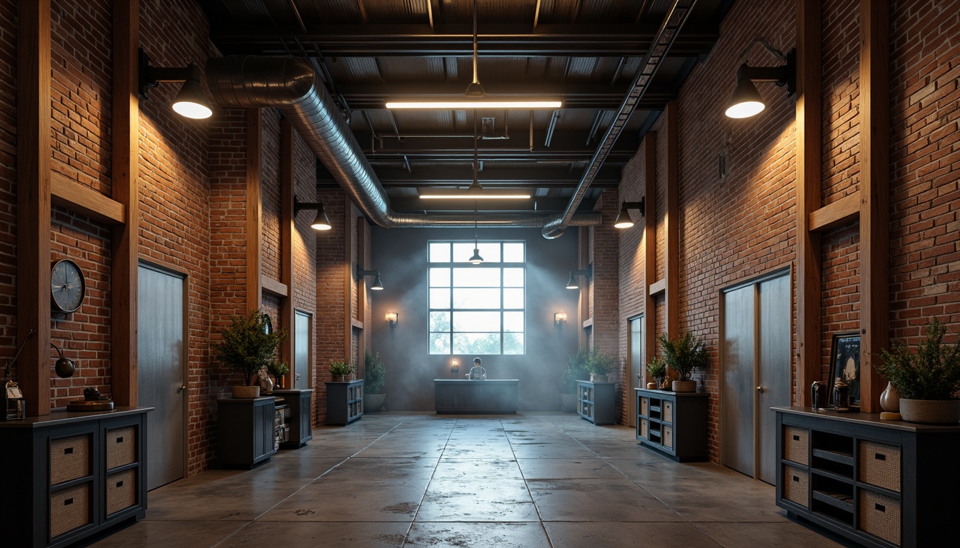 Prompt: Exposed brick walls, industrial chic aesthetic, reclaimed wood accents, metal beams, high ceilings, urban loft atmosphere, dramatic overhead lighting, suspended linear fixtures, exposed ductwork, concrete floors, metallic tones, functional minimalism, edgy modern vibe, intense color contrasts, moody shadows, cinematic ambiance, low-key lighting, 1/2 composition, atmospheric fog effect, realistic textures.