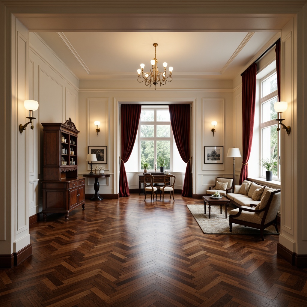 Prompt: Luxurious classic interior, dark hardwood floors, rich walnut tones, intricate inlays, ornate patterns, soft warm lighting, creamy white walls, elegant furnishings, refined decorations, traditional English style, sophisticated atmosphere, high ceilings, large windows, velvet drapes, subtle texture variations, 1/1 composition, shallow depth of field, realistic reflections.