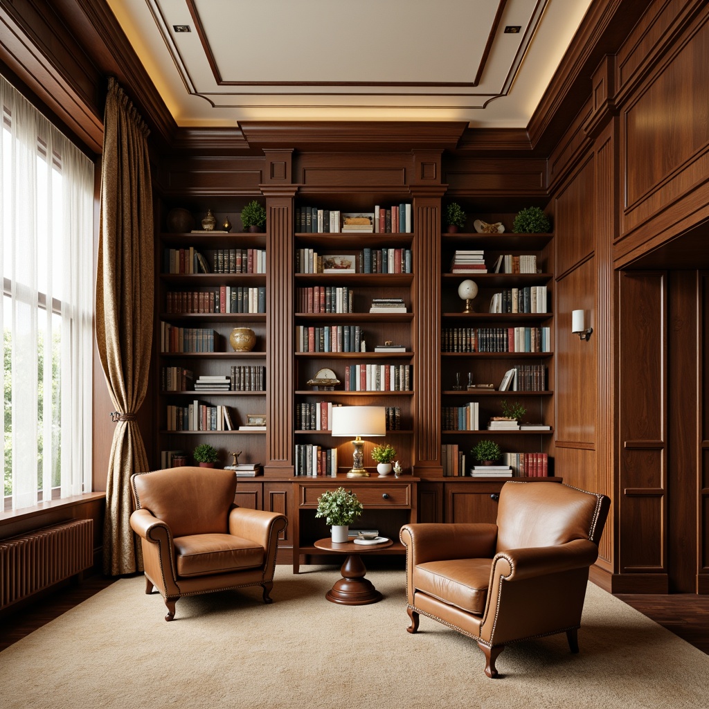 Prompt: Richly textured walls, elegant apartment interior, academic style decor, classic wooden bookshelves, vintage leather armchairs, ornate metal lamps, warm beige carpeting, cream-colored ceiling, large windows with white drapes, cozy reading nooks, floor-to-ceiling bookcases, sophisticated color palette, soft warm lighting, 1/1 composition, realistic textures, ambient occlusion.