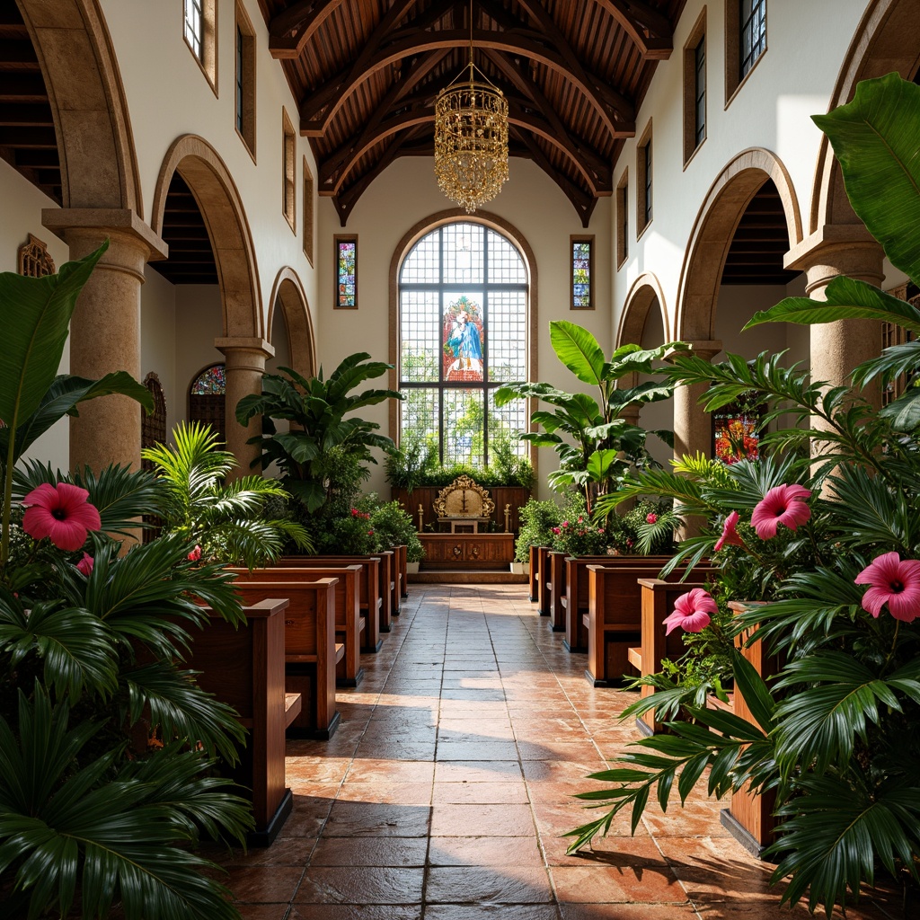 Prompt: Lush tropical foliage, exotic palm trees, vibrant hibiscus flowers, delicate ferns, ornate wooden pews, stained glass windows, vaulted ceilings, grand altars, intricate carvings, warm natural light, soft diffused shadows, rustic stone floors, colorful ceramic tiles, woven rattan furniture, elegant chandeliers, lush greenery walls, peaceful ambiance, serene atmosphere, shallow depth of field, 1/2 composition, warm color palette, high contrast ratio.