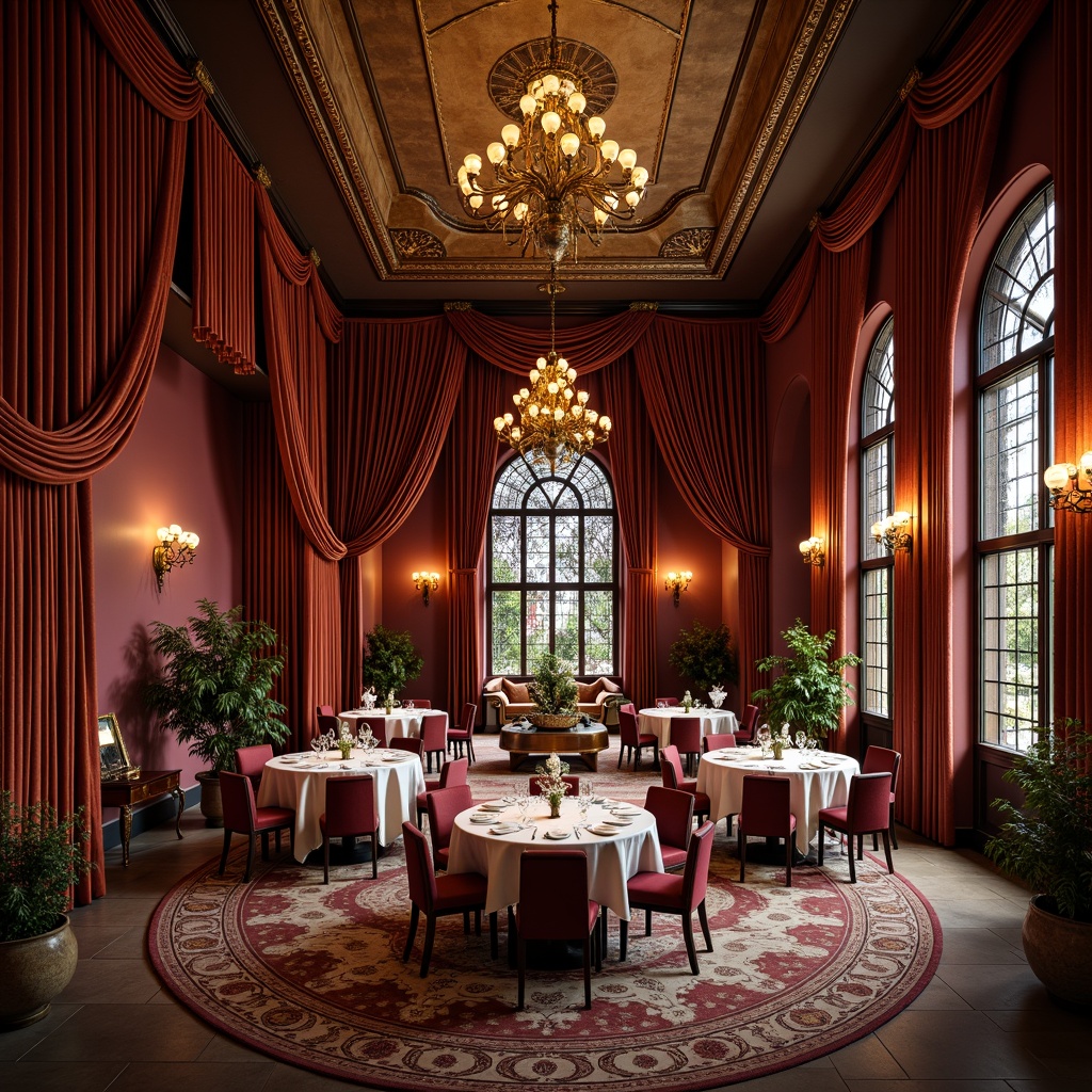 Prompt: Opulent dining room, luxurious velvet drapes, ornate wooden furniture, curved sinuous lines, flowing organic shapes, intricate carvings, bronze metalwork, stained glass windows, soft warm lighting, rich wood tones, burgundy red walls, golden accents, elegant chandeliers, lavish floral patterns, delicate tendrils, whiplash curves, nature-inspired motifs, vintage antique pieces, sophisticated ambiance, shallow depth of field, 1/2 composition, realistic textures, ambient occlusion.