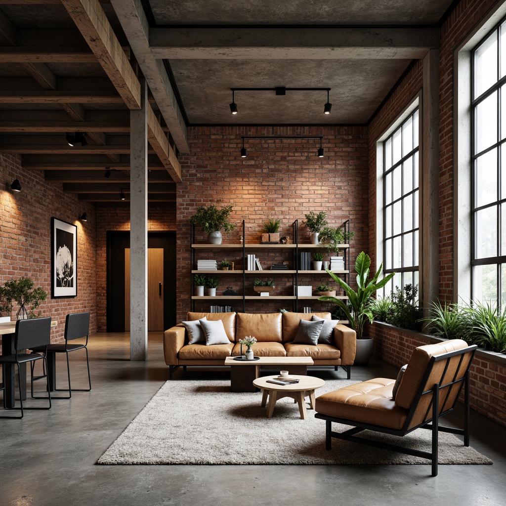 Prompt: Exposed brick walls, metal beams, reclaimed wood accents, industrial-style lighting fixtures, polished concrete floors, modern minimalist decor, functional shelving units, steel frame chairs, distressed leather sofas, eclectic decorative pieces, urban loft atmosphere, natural textiles, warm task lighting, 1/1 composition, shallow depth of field, realistic material textures.