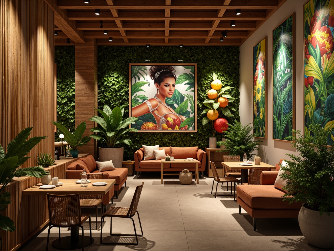 Prompt: Vibrant tropical leaves, exotic floral patterns, woven rattan walls, natural fiber textiles, earthy terracotta accents, reclaimed wood panels, bold colorful murals, tropical fruit-inspired artwork, lush greenery installations, warm ambient lighting, shallow depth of field, 1/1 composition, realistic textures, ambient occlusion.