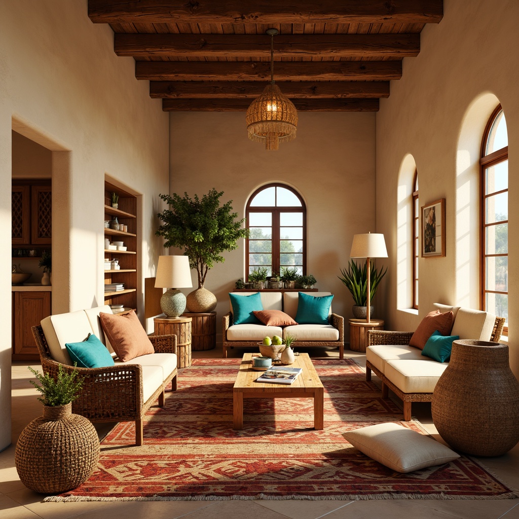 Prompt: Southwestern interior, warm earthy tones, natural textiles, woven baskets, rustic wooden furniture, vibrant turquoise accents, soft golden lighting, table lamps with rattan shades, floor lamps with linen shades, pendant lights with terracotta details, cozy reading nooks, plush throw blankets, vintage Native American patterns, colorful kilim rugs, sun-drenched windows, adobe-inspired architecture, arched doorways, stucco walls, warm beige floors, ambient softbox lighting, 1/1 composition, realistic renderings, subtle shadows.