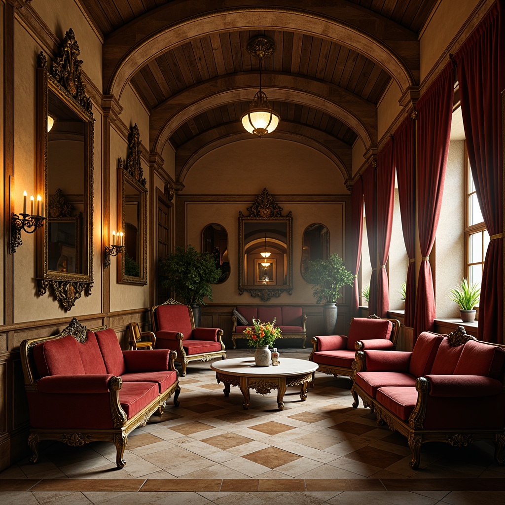 Prompt: Ornate monastery interior, Baroque-style furniture, intricately carved wooden chairs, richly upholstered sofas, velvet drapes, ornamental mirrors, gilded frames, polished marble floors, decorative vases, candlelit ambiance, warm golden lighting, subtle depth of field, 1/2 composition, intimate atmosphere, realistic textures, ambient occlusion.