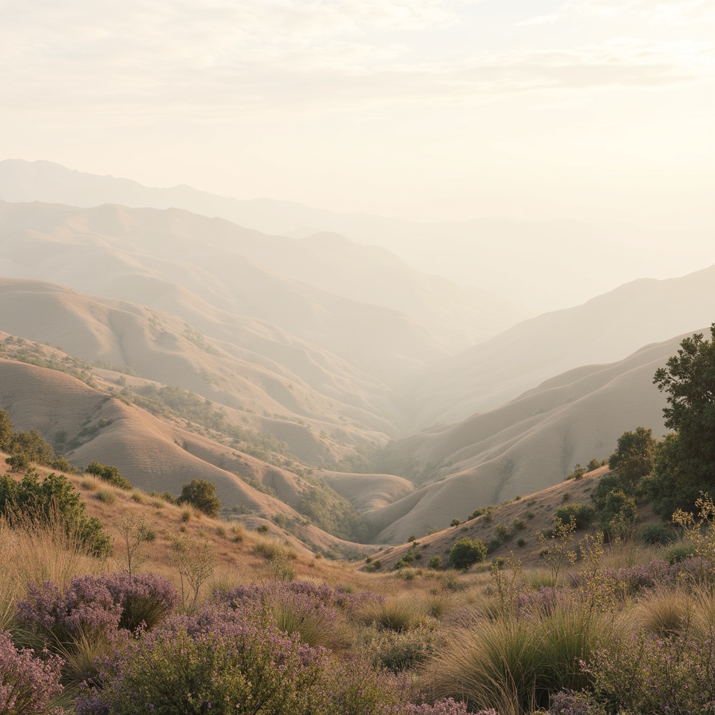 Prompt: Soft pastel hues, calming atmosphere, serene natural scenery, gentle rolling hills, misty morning fog, warm beige tones, creamy whites, pale blues, mauve accents, earthy terracotta, lush greenery, delicate florals, subtle texture overlays, realistic ambient lighting, shallow depth of field, 1/1 composition, panoramic view, harmonious color transitions.