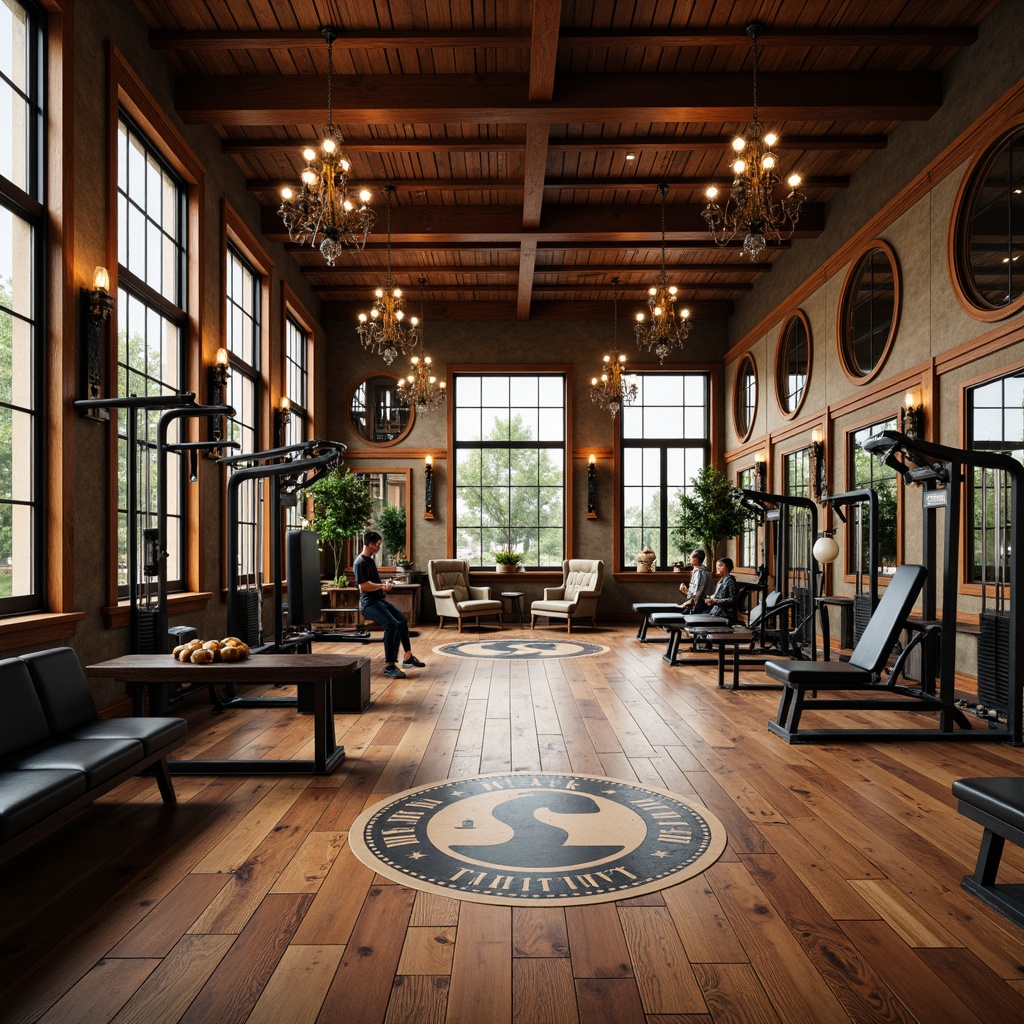 Prompt: Luxurious hardwood floors, rich walnut wood tones, traditional athletic markings, rustic gym equipment, vintage-inspired weightlifting machines, ornate mirrors, elegant chandeliers, high ceilings, expansive open spaces, natural stone accents, premium leather upholstery, classic color schemes, nostalgic ambiance, warm soft lighting, shallow depth of field, 1/1 composition, realistic textures, ambient occlusion.