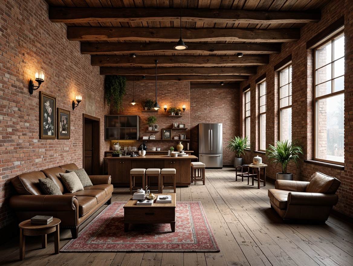 Prompt: Rustic loft interior, wooden beam ceiling, exposed brick walls, distressed wood floors, vintage industrial decor, reclaimed wood furniture, worn leather sofas, antique metal lighting fixtures, ornate wooden coffee tables, plush area rugs, earthy color palette, soft warm lighting, shallow depth of field, 1/1 composition, realistic textures, ambient occlusion.