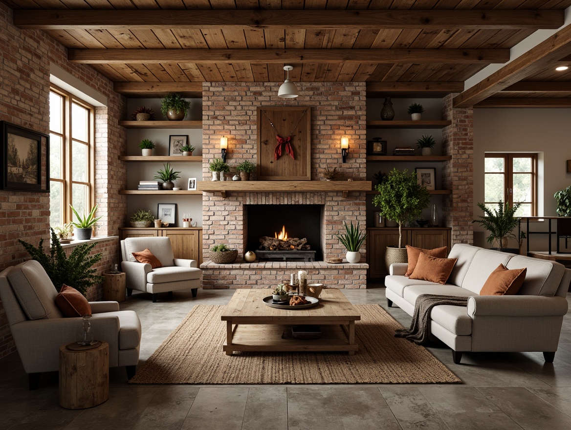 Prompt: Rustic farmhouse, eclectic decor, reclaimed wood accents, distressed metal finishes, vintage hardware, exposed brick walls, natural stone floors, woven textiles, linen upholstery, earthy color palette, warm candlelight, soft warm lighting, shallow depth of field, 1/1 composition, realistic textures, ambient occlusion.