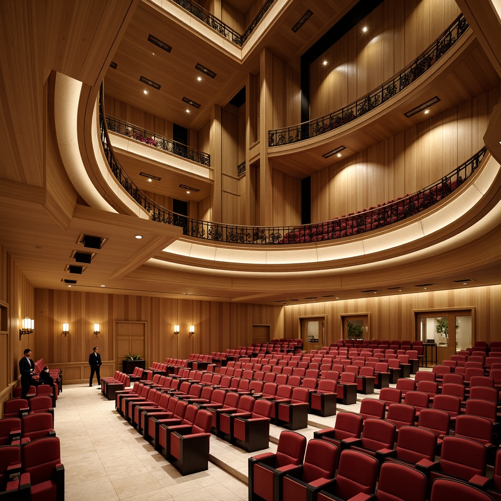 Prompt: Elegant auditorium, transitional style, wooden acoustic panels, sound-absorbing materials, curved lines, warm beige tones, rich wood accents, plush red seats, ornate golden fixtures, high ceilings, dramatic lighting, soft box seating, raised platforms, natural stone walls, subtle textures, ambient occlusion, realistic reflections, 1/2 composition, intimate atmosphere, warm color palette.