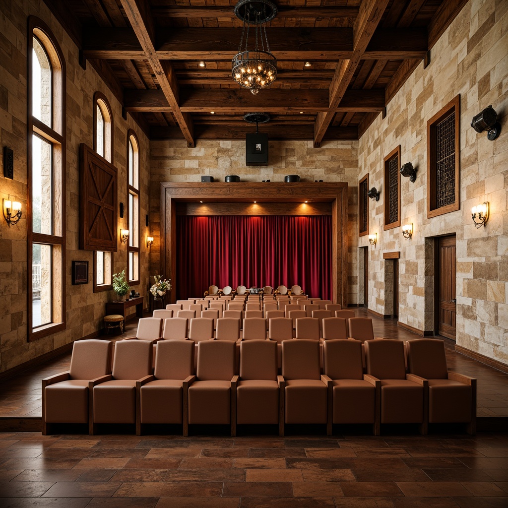 Prompt: Rustic auditorium, reclaimed wood walls, distressed wooden planks, earthy tones, warm beige colors, natural stone accents, rough-hewn textures, vintage metal fixtures, industrial-style lighting, exposed ductwork, wooden beam ceilings, rich brown leather seats, plush red velvet curtains, ornate wooden trim, decorative metal grilles, subtle ambient lighting, soft warm glow, shallow depth of field, 3/4 composition, realistic textures, ambient occlusion.