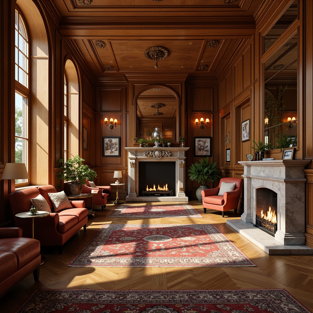 Prompt: Elegant traditional interior, warm wooden floors, rich walnut planks, ornate inlays, classic herringbone patterns, soft carpeting, plush area rugs, vintage furniture pieces, antique decor, refined wall paneling, subtle molding details, natural stone fireplaces, cozy reading nooks, warm golden lighting, shallow depth of field, 1/2 composition, realistic textures, ambient occlusion.