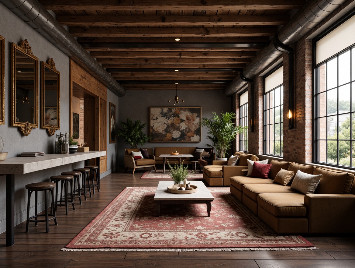 Prompt: Rustic wooden floors, distressed finishes, industrial metal beams, exposed brick walls, luxurious velvet sofas, minimalist coffee tables, natural stone countertops, richly patterned rugs, ornate decorative mirrors, ambient warm lighting, softbox window treatments, cozy reading nooks, 1/2 composition, shallow depth of field, realistic textures, subtle color grading.