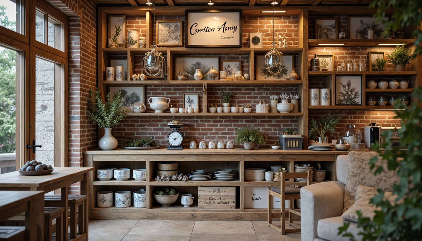 Prompt: Distressed wooden shelves, vintage metal lanterns, rustic brick walls, antique grocery scales, worn wooden crates, floral patterned ceramics, soft pastel colors, elegant cursive signage, ornate gold frames, distressed finishes, natural linen fabrics, warm candlelight, shallow depth of field, 1/2 composition, realistic textures, ambient occlusion.