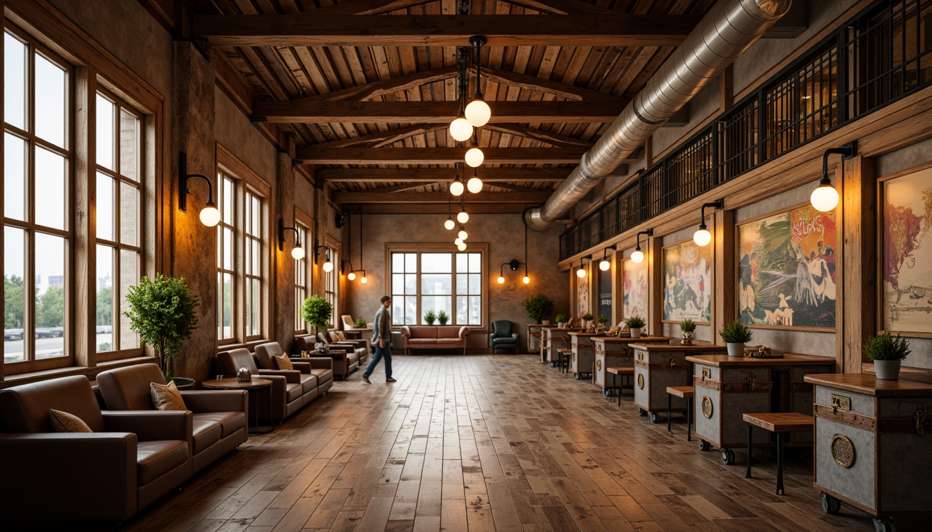 Prompt: Vintage airport terminal, distressed wooden beams, rusty metal accents, nostalgic luggage carts, warm golden lighting, pendant lamps, Edison bulbs, industrial-chic fixtures, reclaimed wood flooring, worn leather armchairs, ornate metal railings, faded travel posters, soft warm color palette, shallow depth of field, 1/1 composition, realistic textures, ambient occlusion.