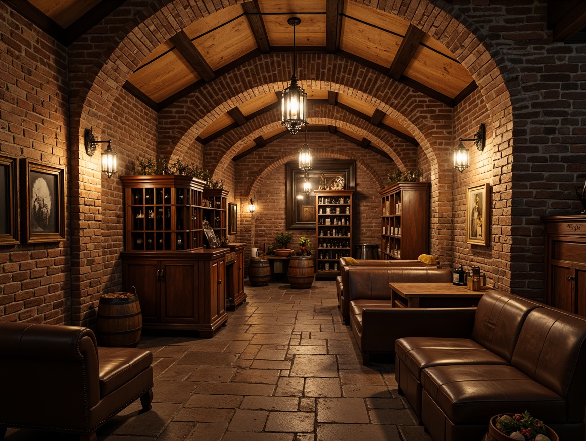 Prompt: Rustic wine cellar, reclaimed wood walls, dimly lit atmosphere, wooden barrels, vintage metal lanterns, stone floors, brick archways, earthy color palette, rich leather furnishings, ornate wooden cabinets, decorative ironwork, distressed finishes, warm golden lighting, soft focus, shallow depth of field, 1/1 composition, intimate setting, realistic textures.