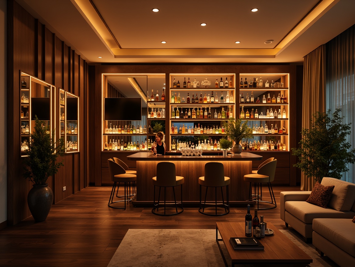 Prompt: Cozy home bar area, warm ambient lighting, rich wood tones, metallic accents, glass shelves, liquor displays, soft glow pendant lights, under-cabinet LED strips, dimmable recessed lighting, warm beige walls, dark wood flooring, comfortable seating areas, modern minimalist furniture, decorative mirrors, subtle color changing effects, intimate atmosphere, 1/2 composition, shallow depth of field, realistic reflections.