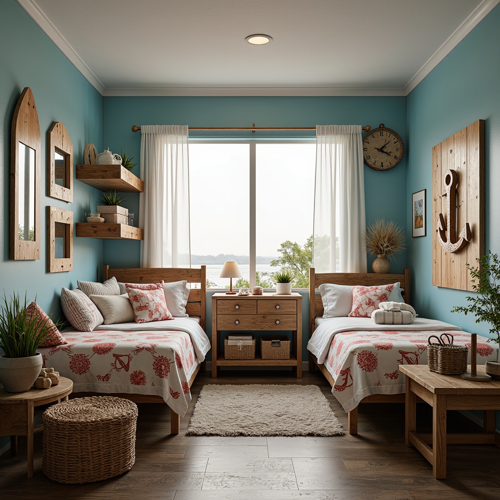 Prompt: Seaside-inspired dorm room, driftwood furniture, ocean-blue walls, coral-patterned bedding, nautical-themed decor, vintage anchors, rope-wrapped lamps, woven sea grass baskets, distressed wood shelves, shell-adorned mirrors, surfboard-inspired headboards, calming beachy atmosphere, soft natural lighting, shallow depth of field, 1/1 composition, warm golden hour, realistic textures, ambient occlusion.