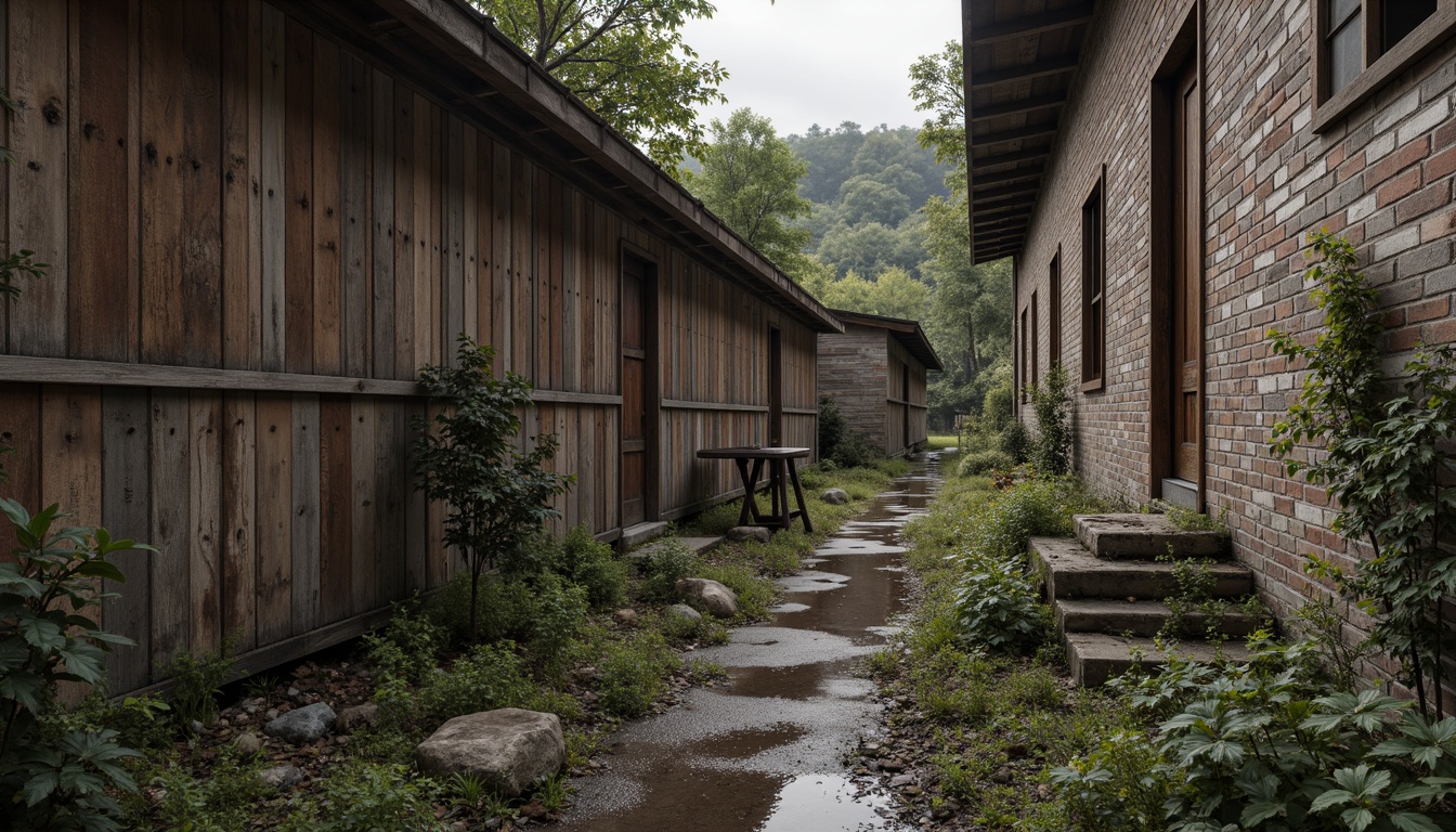 Prompt: Weathered wooden planks, rustic metal accents, earthy stone walls, distressed brick textures, moss-covered roofs, overgrown vegetation, abandoned industrial sites, decaying concrete structures, peeling paint finishes, rough-hewn lumber, natural rock formations, eroded landscapes, dramatic shadows, high contrast lighting, shallow depth of field, 3/4 composition, cinematic atmosphere.