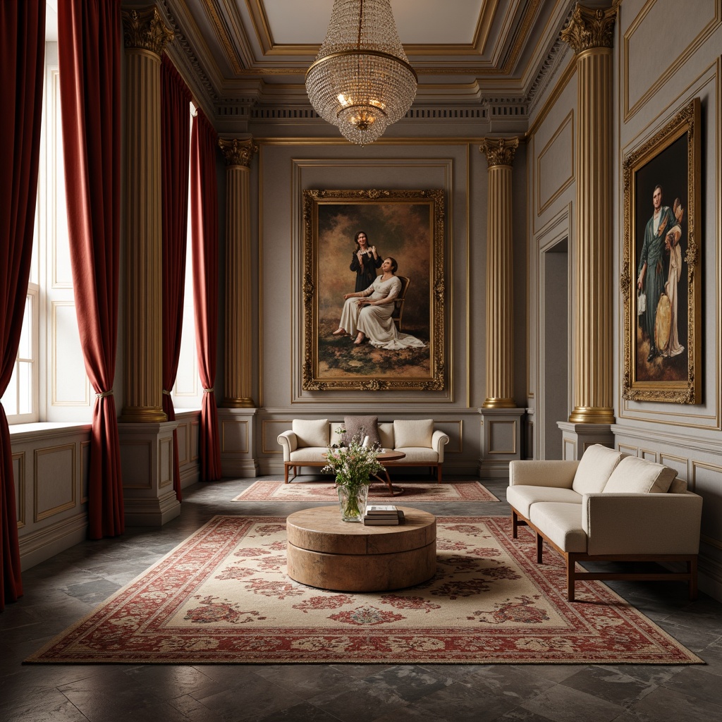 Prompt: Elegant neoclassical interior, richly textured walls, ornate moldings, lavish furnishings, velvet drapes, intricately patterned rugs, polished marble floors, gilded accents, crystal chandeliers, subtle color palette, soft warm lighting, shallow depth of field, 1/1 composition, symmetrical arrangement, realistic textures, ambient occlusion.