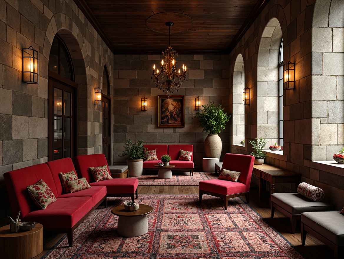 Prompt: Luxurious velvet fabrics, rough-hewn stone walls, smooth glass surfaces, warm wooden accents, metallic sheen, soft candlelight, intricate lace patterns, industrial concrete textures, vibrant colorful ceramics, rich leather upholstery, natural woven fibers, dramatic shadowplay, high-contrast lighting, 1/1 composition, realistic reflections, ambient occlusion.