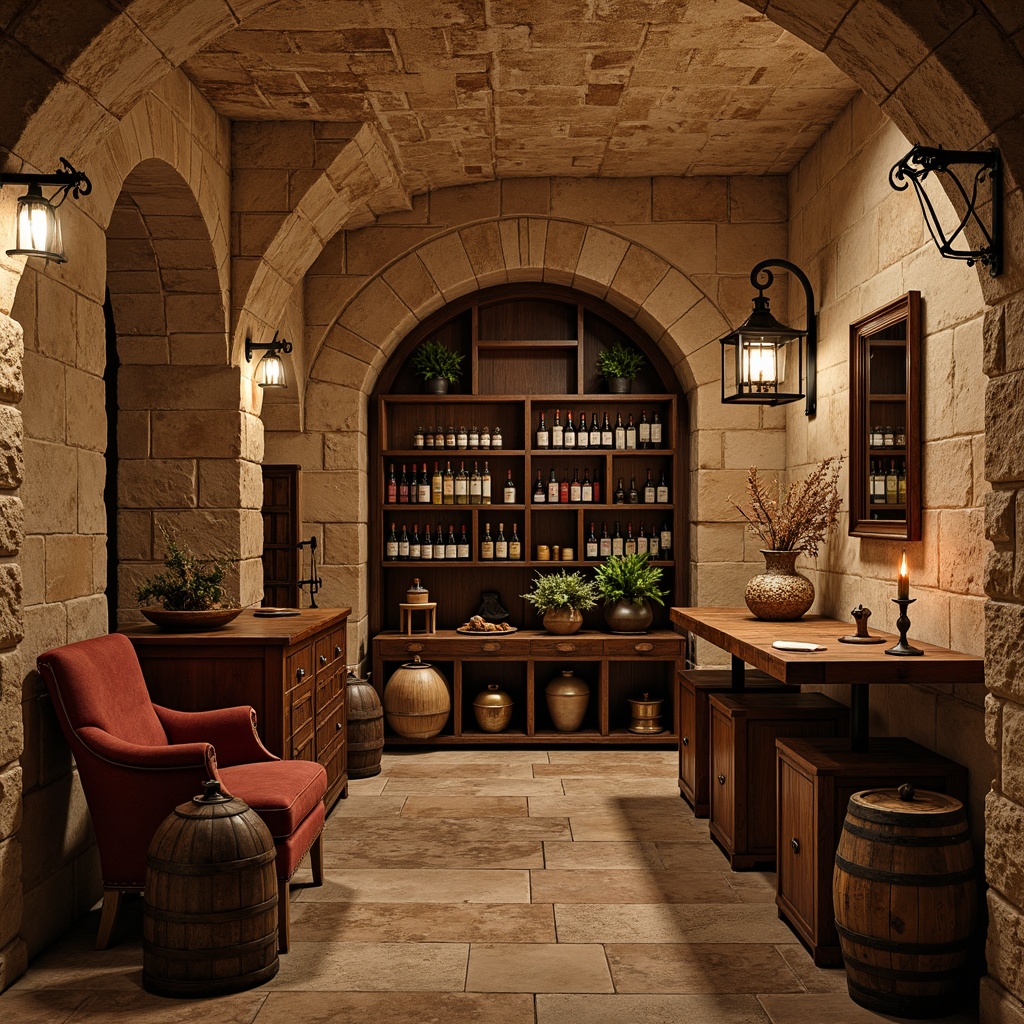 Prompt: Rustic wine cellar, distressed stone walls, reclaimed wood shelving, wooden wine barrels, vintage metal lanterns, ornate wrought ironwork, earthy tone color palette, soft warm lighting, dimly lit ambiance, brick archways, wooden crates, aged wine bottles, antique furniture pieces, rich velvet fabrics, intricate carvings, old world charm, classic European-inspired design, warm beige stonework, cozy nooks, luxurious textiles, dramatic ceiling heights, ornate chandeliers.