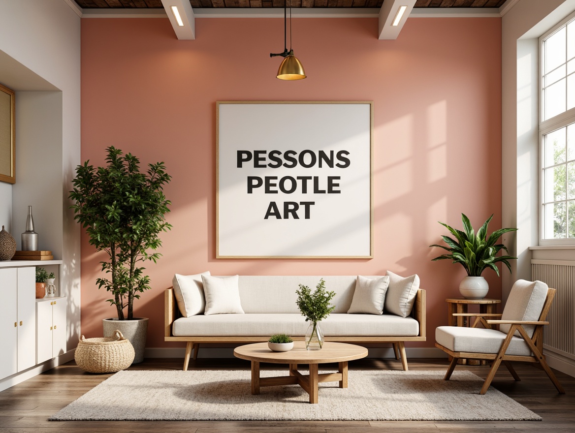 Prompt: Vibrant art studio, modern minimalist decor, bold typography, eclectic furniture, pastel color scheme, soft peach tones, creamy whites, rich charcoal grays, metallic gold accents, natural wood textures, geometric patterns, abstract artwork, industrial chic lighting, warm cozy ambiance, 1/1 composition, shallow depth of field, realistic renderings.