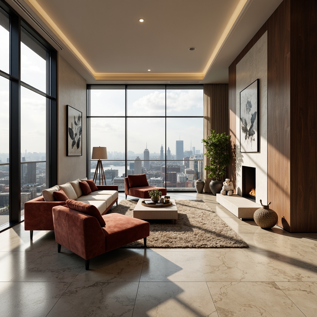 Prompt: Luxurious penthouse, transitional style, rich wood textures, velvet soft furnishings, metallic accents, sleek lines, minimalist decor, floor-to-ceiling windows, panoramic city views, warm neutral color palette, cream marble floors, dark hardwood trim, plush area rugs, modern abstract artwork, LED ambient lighting, shallow depth of field, 1/2 composition, realistic reflections, atmospheric misting.