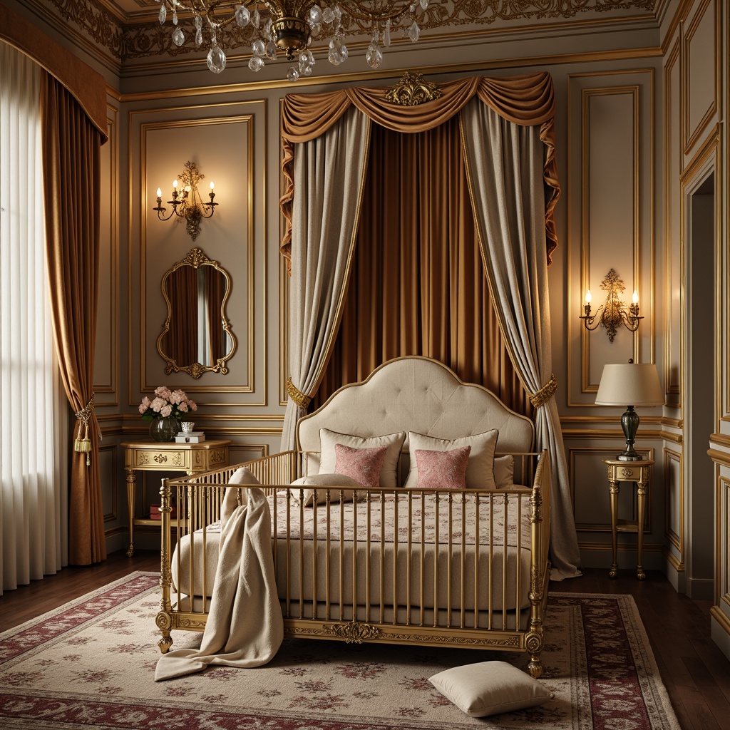 Prompt: Ornate crib, intricately carved wooden panels, velvet drapes, golden accents, crystal chandeliers, luxurious fabrics, plush area rugs, antique furniture pieces, curved lines, ornamental mirrors, soft warm lighting, warm beige colors, rich wood tones, lavish textures, romantic ambiance, 1/1 composition, shallow depth of field, realistic reflections.