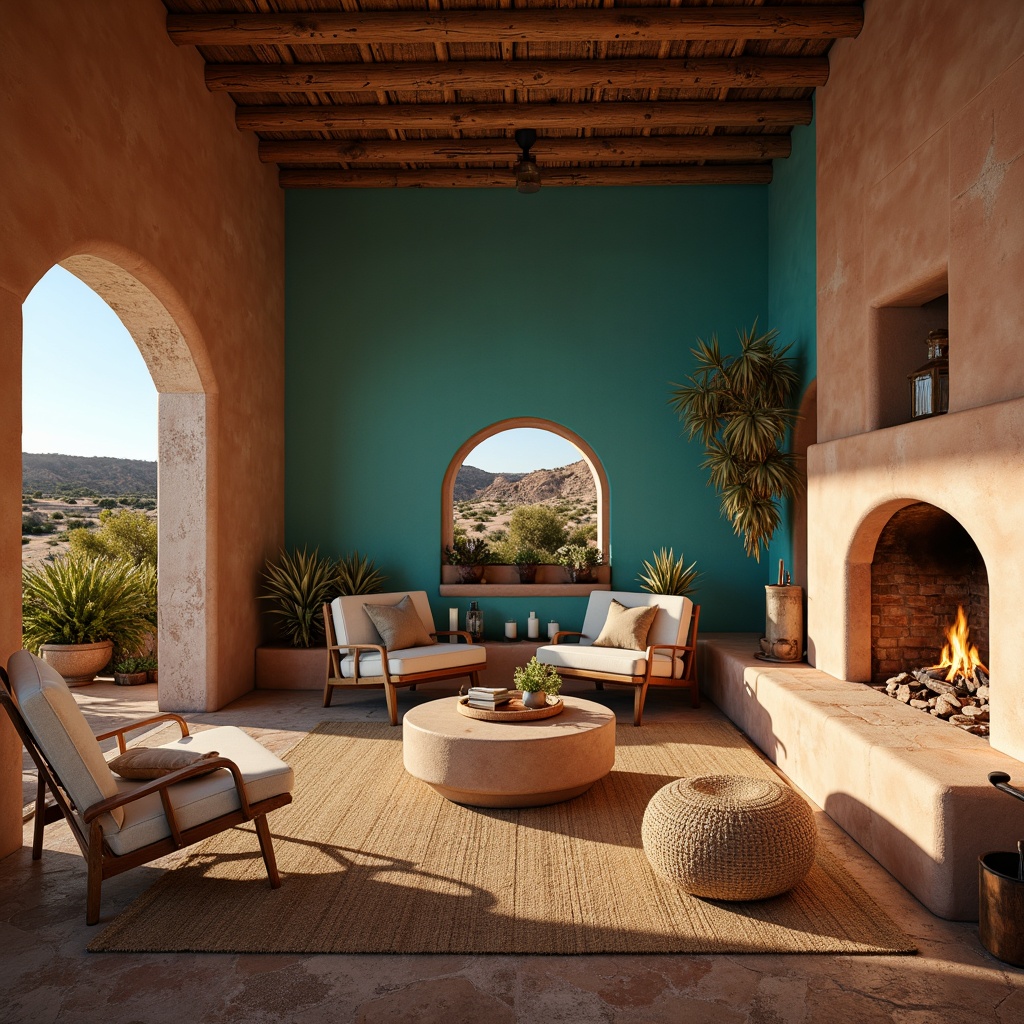 Prompt: Southwestern interior, warm earthy tones, rustic wooden accents, woven textiles, vibrant turquoise hues, natural stone walls, adobe-inspired architecture, cozy fireplaces, ambient candlelight, soft warm glow, shallow depth of field, 1/1 composition, intimate atmosphere, realistic textures, subtle shadows, warm beige colors, earthy terracotta floors, rustic metal fixtures, desert landscape views, clear blue skies, sunny afternoon light.