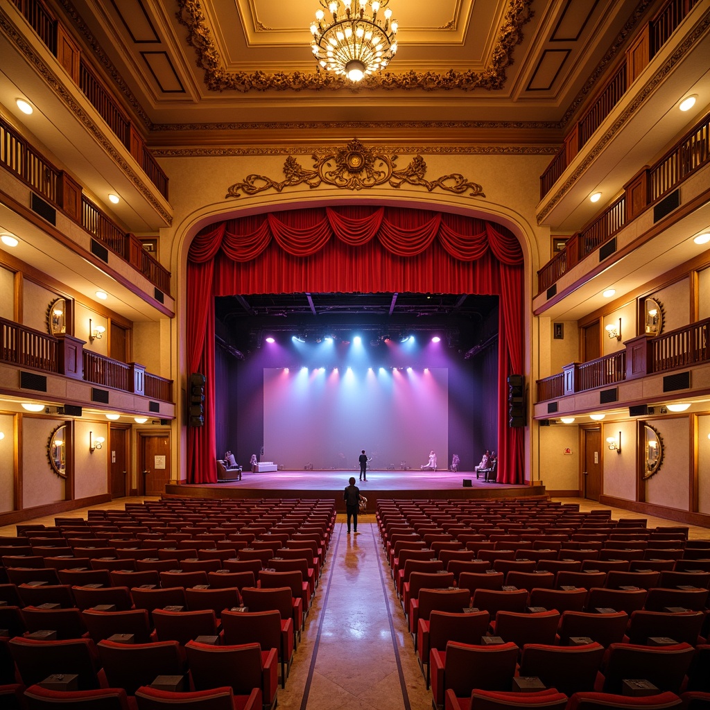 Prompt: Vibrant performing arts center, dynamic stage lights, rich red curtains, polished wooden floors, ornate golden details, plush velvet seats, majestic high ceilings, grandiose chandeliers, dramatic spotlights, warm beige walls, elegant marble lobbies, sophisticated architectural design, luxurious atmosphere, soft warm lighting, shallow depth of field, 3/4 composition, panoramic view, realistic textures, ambient occlusion.