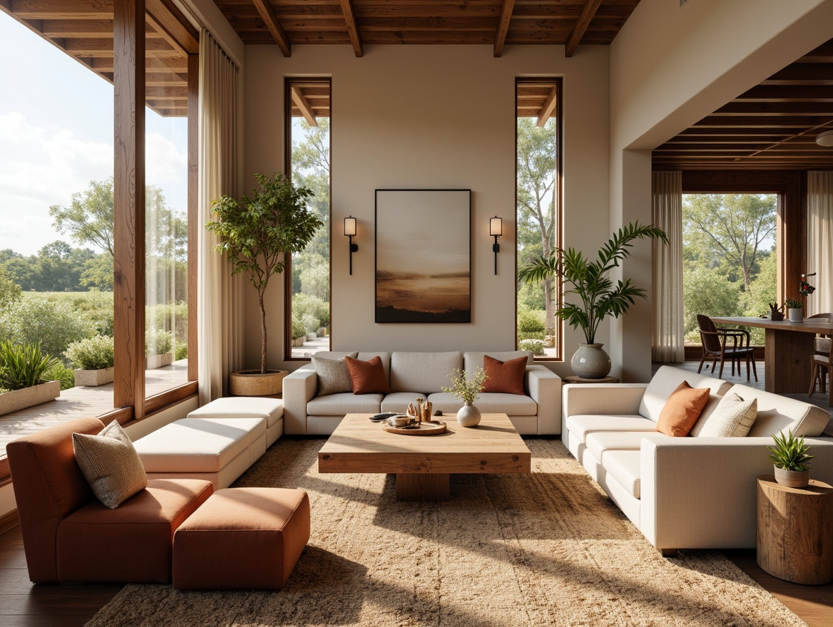 Prompt: Cozy living room, plush throw pillows, soft velvet sofas, woven jute rugs, warm beige walls, natural wood accents, floor-to-ceiling windows, abundant sunlight, gentle breeze, calming atmosphere, comfortable seating areas, oversized armchairs, rustic wooden coffee tables, vintage-inspired decorative items, earthy tone color palette, subtle texture contrasts, inviting ambiance, 1/1 composition, softbox lighting, realistic fabric simulations.