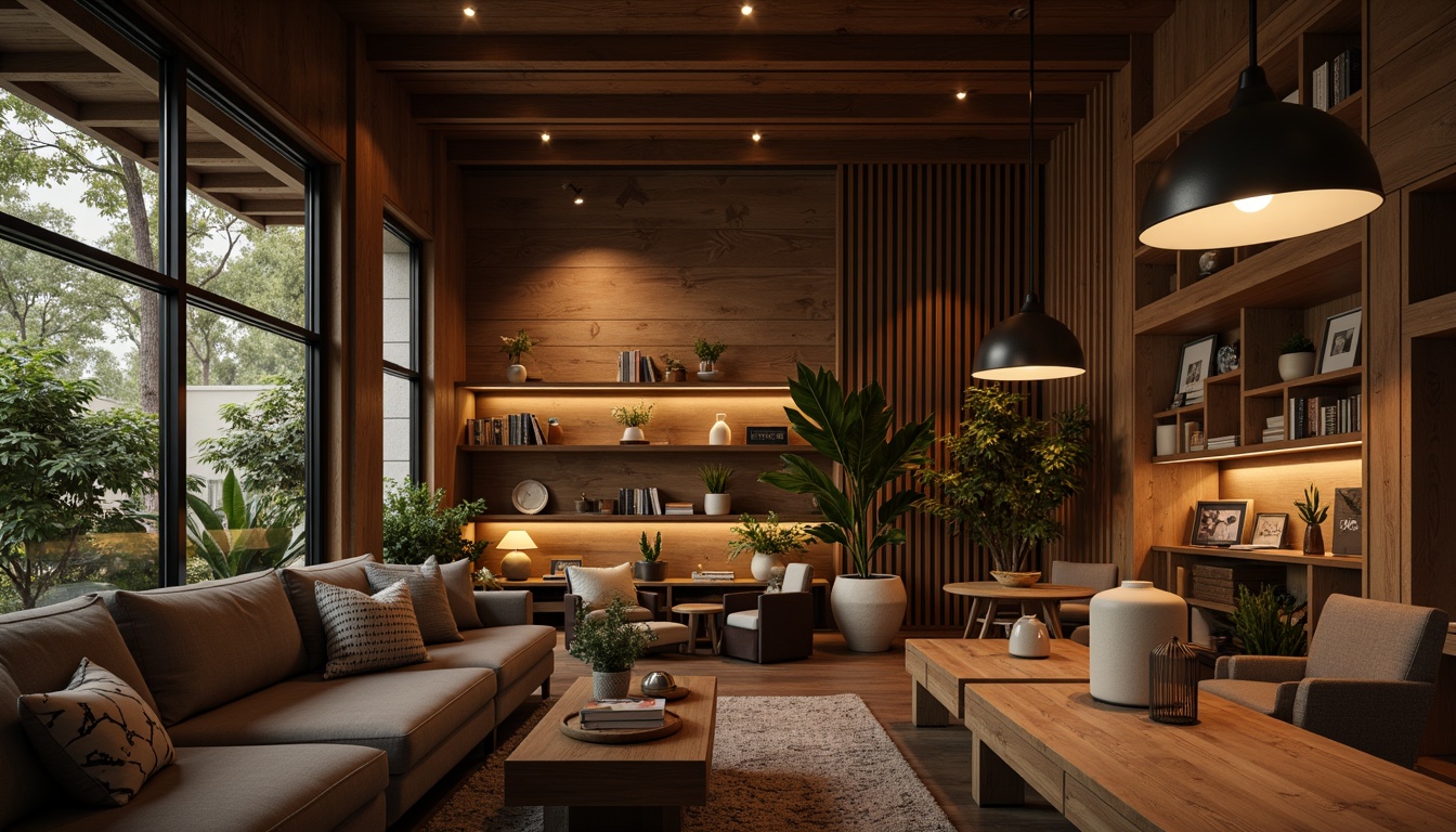 Prompt: Modern interior design, cozy living room, warm ambient lighting, soft glow, pendant lights, industrial metal shades, minimalist ceiling fixtures, rustic wooden accents, natural textures, earthy color palette, comfortable seating area, floor lamps, table lamps, LED strip lights, dimmable switches, warm white light tone, layered lighting effect, 3/4 composition, realistic render.