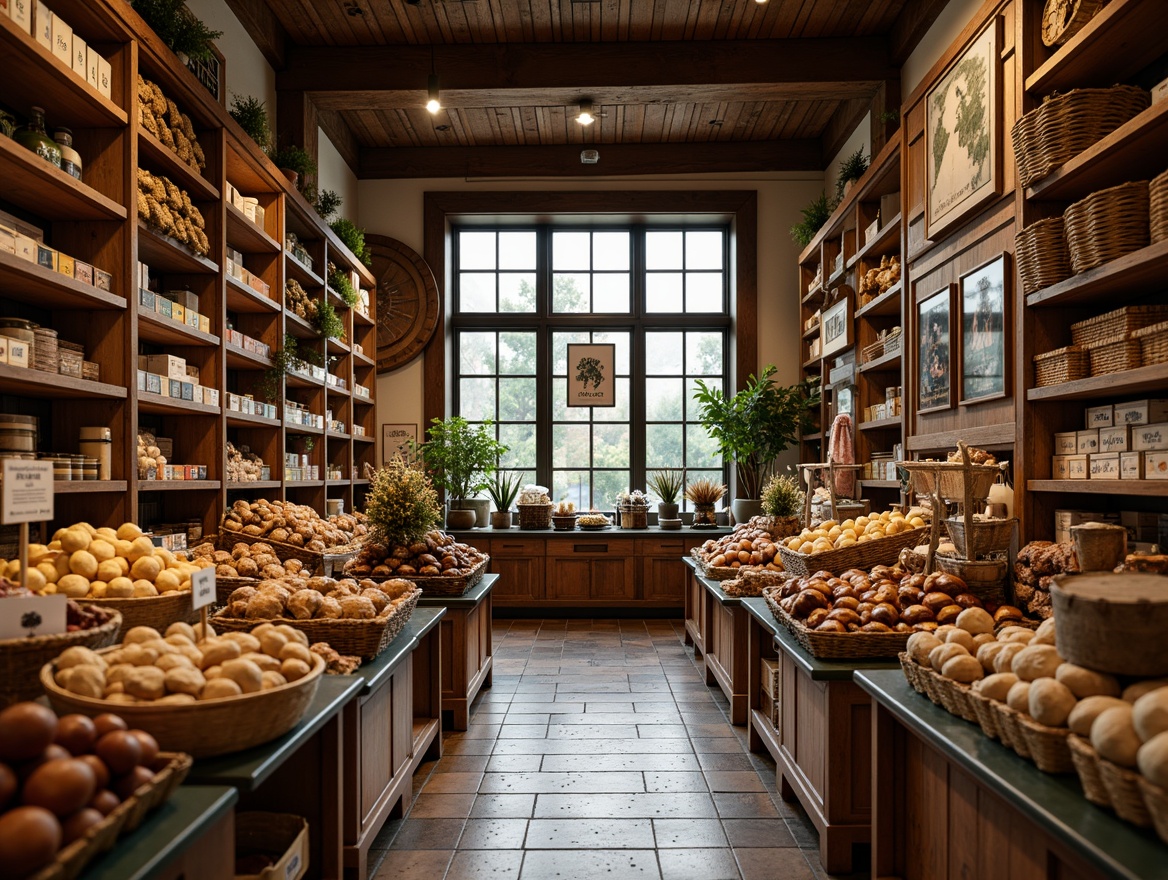 Prompt: Traditional grocery store interior, warm wooden shelves, ornate metal brackets, rustic wooden crates, vintage-inspired signage, earthy color palette, ambient soft lighting, cozy aisle layout, decorative ceramic tiles, distressed wood flooring, classic cash registers, woven wicker baskets, overflowing fresh produce displays, artisanal food arrangements, rich aromas of baked goods, shallow depth of field, 1/2 composition, realistic textures, subtle ambient occlusion.