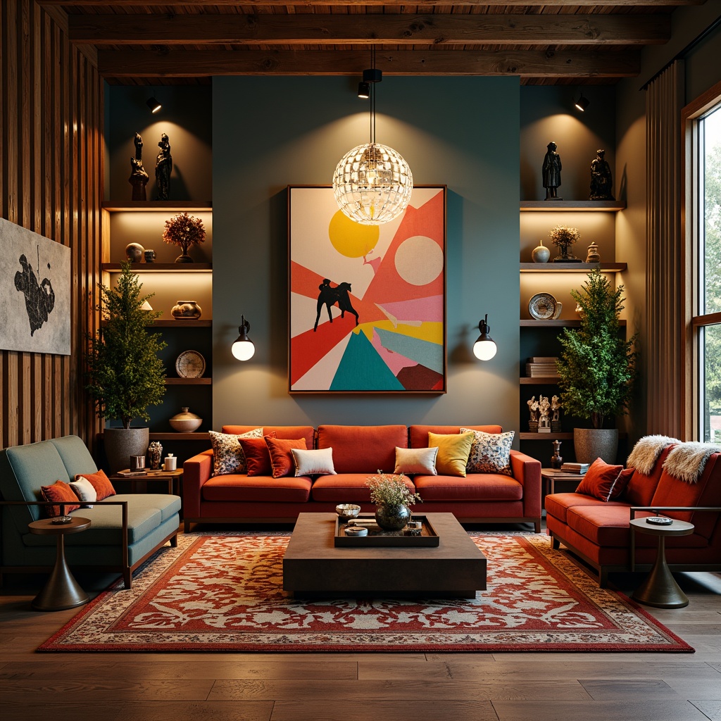 Prompt: Eclectic living room, bold color schemes, abstract artwork, statement lighting fixtures, sleek low-profile sofas, geometric patterned rugs, industrial metal coffee tables, reclaimed wood accent walls, avant-garde sculptures, unconventional shelving units, futuristic chandeliers, luxurious velvet throw pillows, richly textured fabrics, atmospheric misty ambiance, warm golden lighting, 1/2 composition, shallow depth of field, cinematic camera angles.