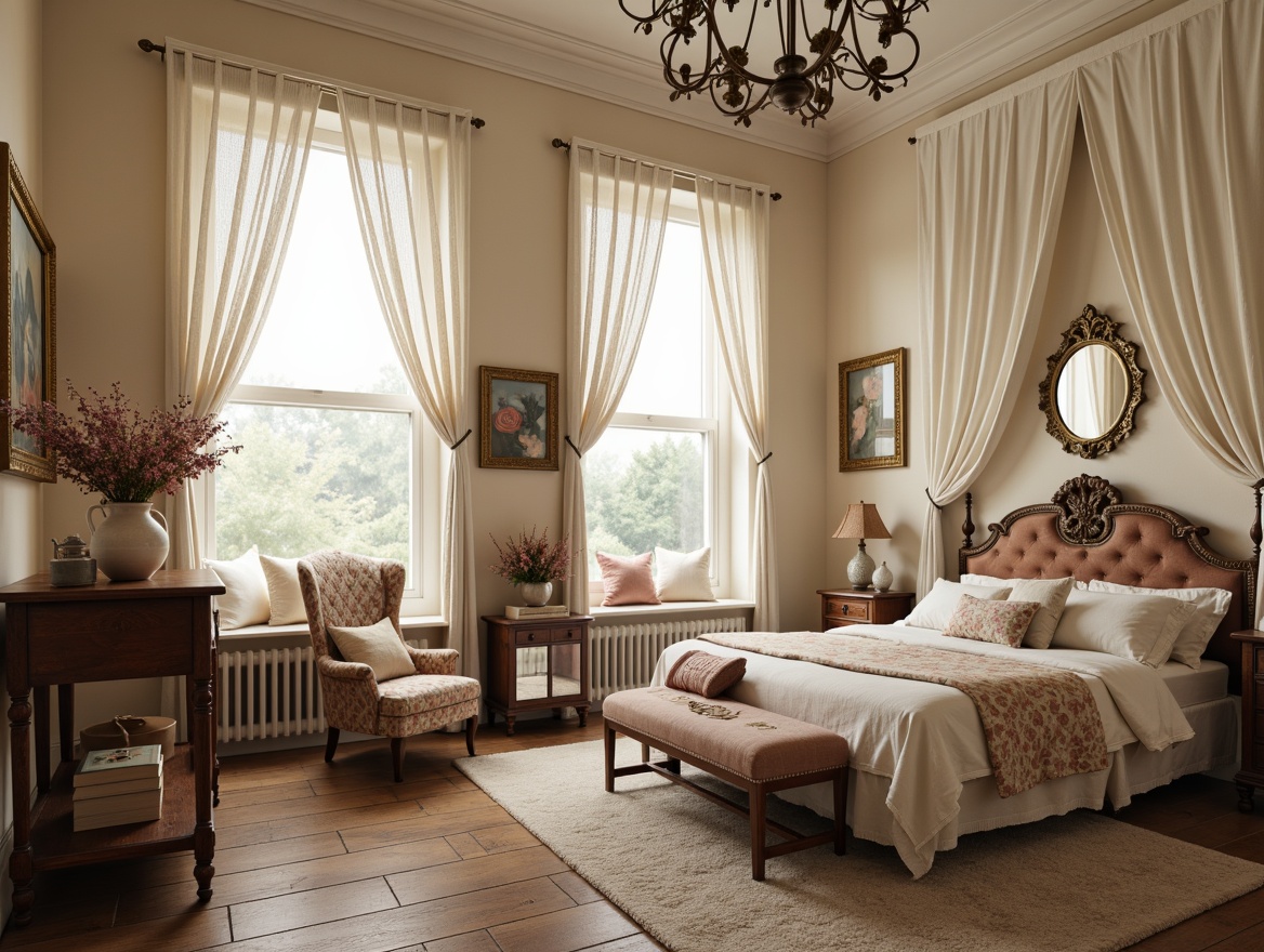 Prompt: Soft, romantic bedroom, distressed wood furniture, vintage metal frames, lace-trimmed curtains, floral patterned textiles, pastel-colored walls, plush area rugs, velvet upholstery, ornate mirrors, rustic wooden floors, natural fiber bedding, softbox lighting, warm beige tones, cozy reading nooks, layered window treatments, billowy drapery, feminine accents, antique decorative items, gentle color palette, 1/2 composition, shallow depth of field, realistic textures.