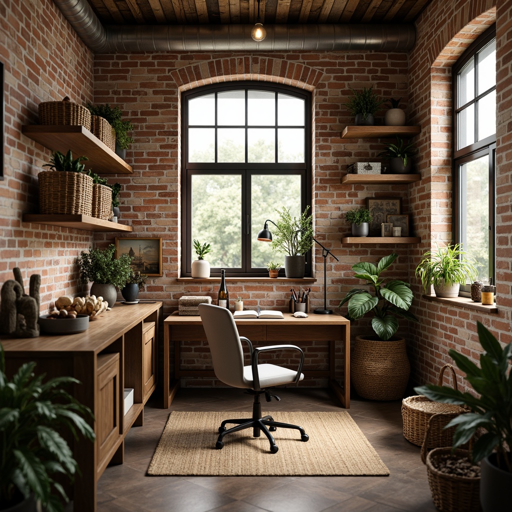 Prompt: Cozy home office, rustic wooden desk, vintage metal chair, distressed brick walls, earthy tone color palette, natural textiles, woven baskets, potted plants, reclaimed wood shelves, industrial-style lighting fixtures, minimalist decor, ergonomic task chair, built-in bookcases, warm afternoon sunlight, soft diffused lighting, shallow depth of field, 1/1 composition, intimate atmosphere, realistic textures, ambient occlusion.